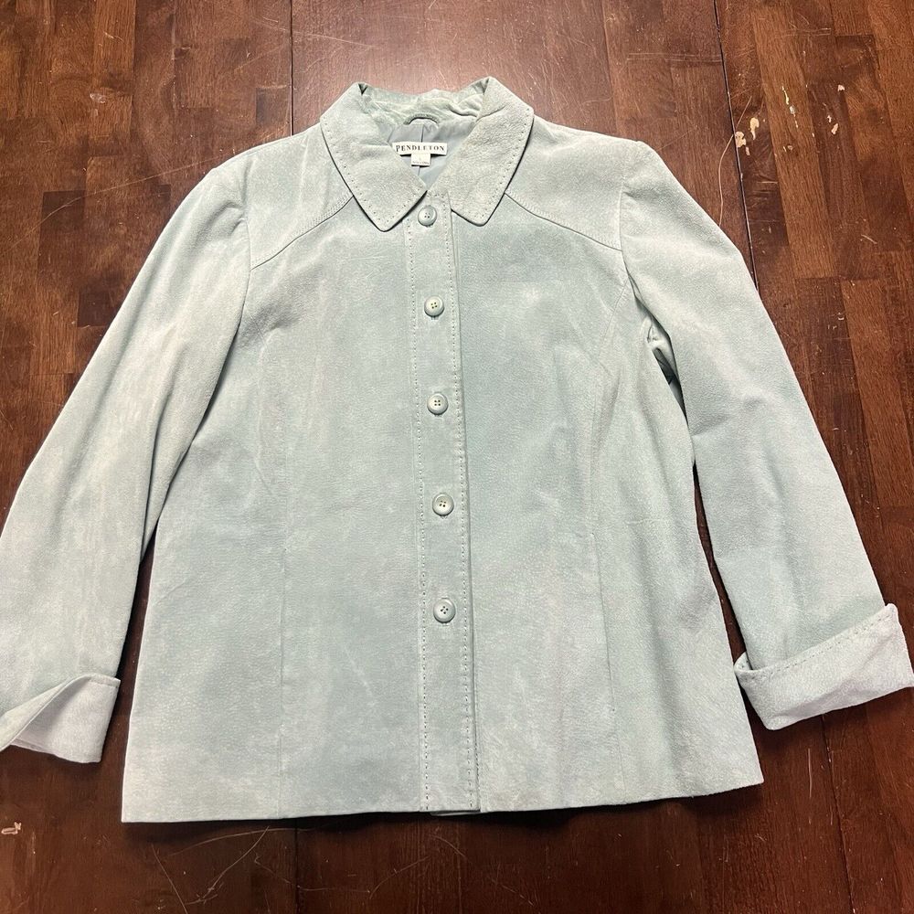 Pendleton Leather Jacket Womens‎ Size Large Pea Coat Teal Green Buttons Quality
